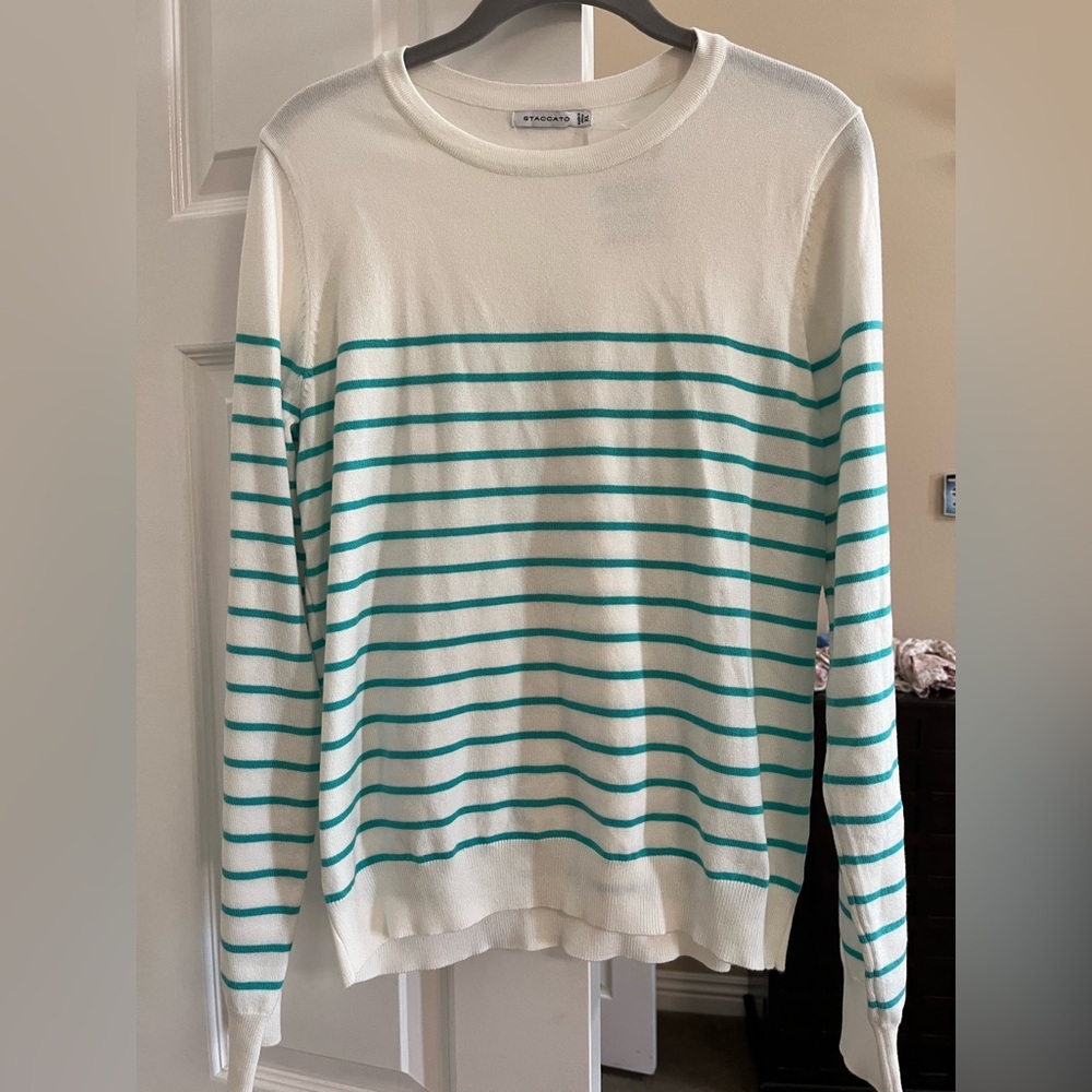 Staccato White and Teal Striped Top